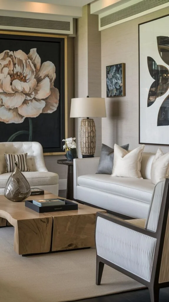 A contemporary living room furnished with a gentle cream sofa, an armchair, and a distinctive wooden block coffee table, surrounded by large abstract floral art, maintaining a sophisticated yet natural appeal.