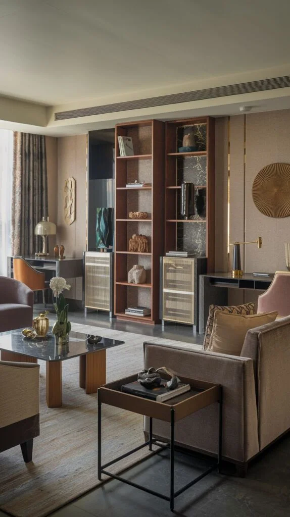 An elegant living space with a rich and natural color palette, featuring a plush grey armchair, a glass-top coffee table, and tall wooden shelving units with patterned doors, offering a gentle and inviting environment.