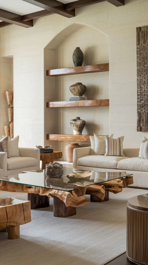 A living room designed with natural elements, including a striking glass-top coffee table with a substantial wooden base and built-in wooden shelves displaying vases, creating a gentle and harmonious space.