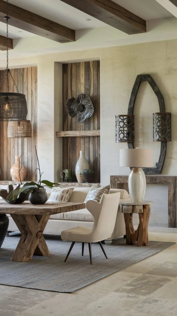 A living area with rustic wooden wall paneling and exposed ceiling beams, showcasing a gentle cream sofa and chairs around a wooden table, adorned with natural textures and unique lighting fixtures.