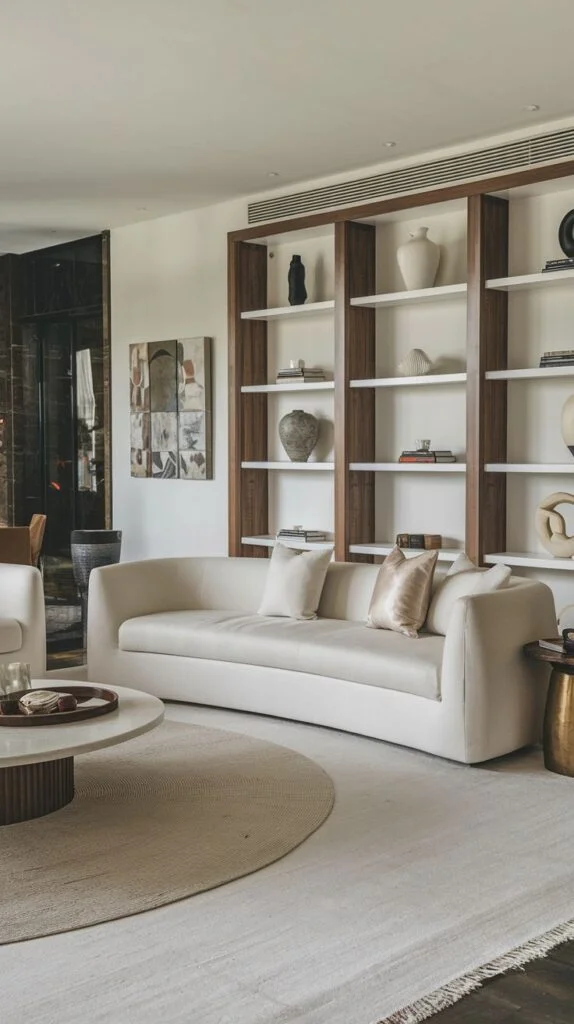 A living room featuring a curved cream sofa and a large wall-spanning natural wood and white bookshelf filled with decorative objects, creating a gentle and organized contemporary space.