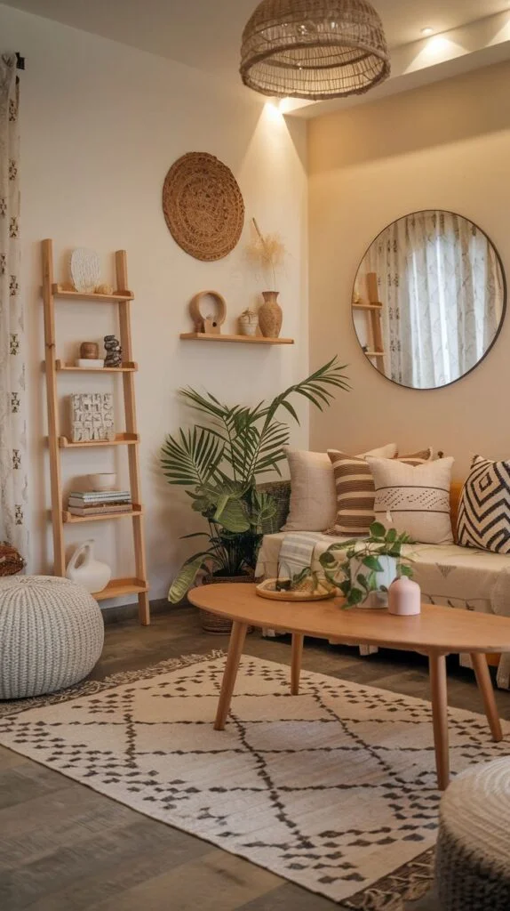 A cozy and natural living space with a low wooden coffee table, a sofa with patterned pillows, and a wooden ladder shelf, enriched by a large green plant and a patterned rug, creating a gentle and bohemian feel.
