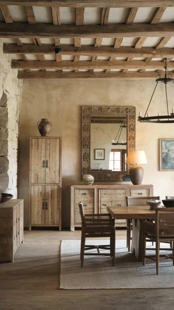 A dining area with a natural wooden dining table and chairs featuring woven backs, complemented by a large carved wooden mirror and a wooden cabinet, all contributing to a gentle and rustic charm with exposed beams.