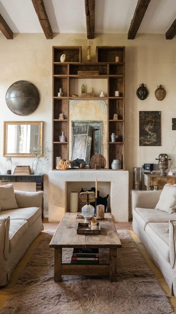 A traditional living room centered around a large fireplace and a tall natural wooden built-in bookshelf, with two light-colored sofas facing a rustic wooden coffee table, exuding a gentle and inviting atmosphere.