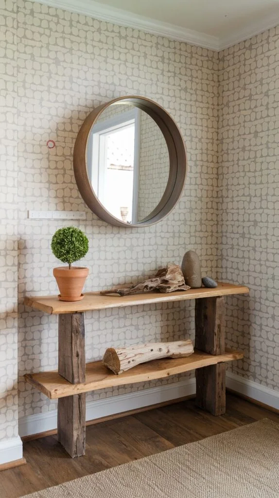 A hallway with a simple and natural wooden console table displaying a potted topiary and decorative wood pieces, topped by a large round wooden mirror, set against a subtly patterned wallpaper.