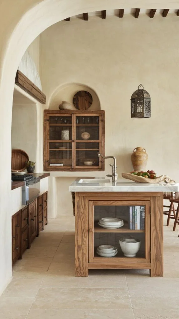 A kitchen area with a natural wooden island incorporating a sink and open shelving, alongside wooden cabinets and arched doorways, creating a gentle and organic culinary space.