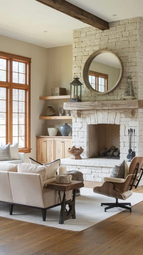 A living room with a prominent stone fireplace and a large round mirror above it, featuring a gentle cream sofa and a wooden armchair with a light cushion, with natural wooden window frames and ceiling beams.