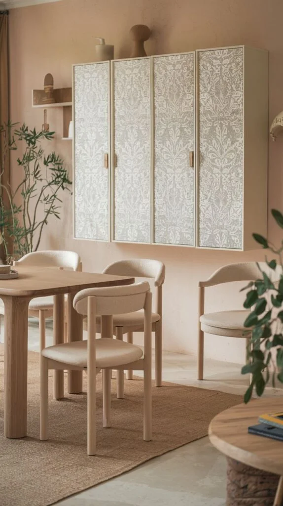 A dining space with a light wooden dining table and chairs, complemented by white wall-mounted cabinets with a gentle floral pattern, and green plants, creating a natural and serene setting.