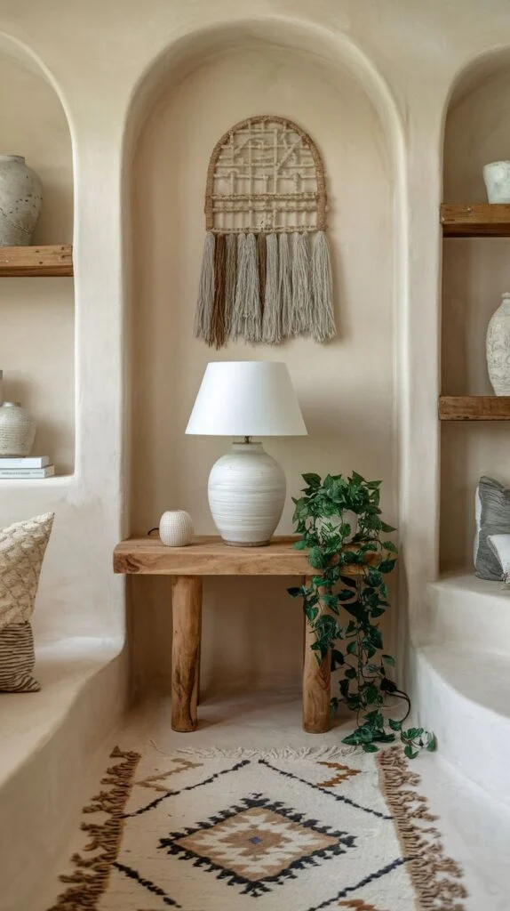 A charming alcove with built-in arched shelves showcasing various vases, and a gentle wooden bench holding a white lamp and a trailing plant, with a natural woven wall hanging as a focal point.