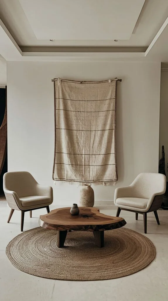 A seating area with two gentle light-colored armchairs facing a unique and natural wooden coffee table, all arranged on a round woven rug, with a large textile wall hanging adding texture.