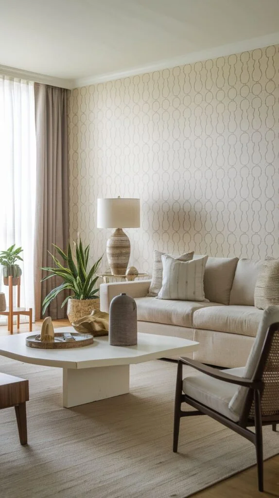 A living room with a gentle cream sofa and a white rectangular coffee table, featuring a subtly patterned wallpaper, a large plant in a woven basket, and a textured lamp, creating a natural and comfortable space.
