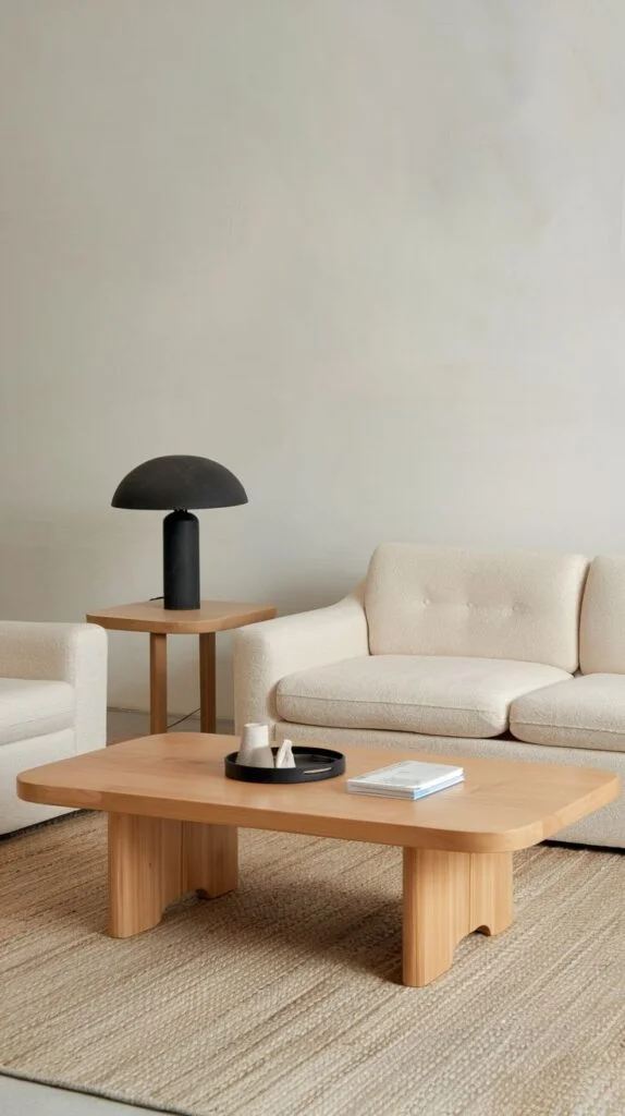 A modern living room with a gentle cream sofa and two armchairs, arranged around a natural rectangular wooden coffee table, with a sleek black table lamp on a wooden side table, creating a serene ambiance.