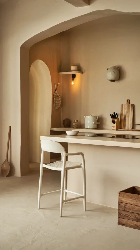 A minimalist kitchen nook with a white bar stool at a light-colored counter, and a small wooden shelf with a light fixture on a textured wall, with an arched entryway contributing to a gentle and natural aesthetic.