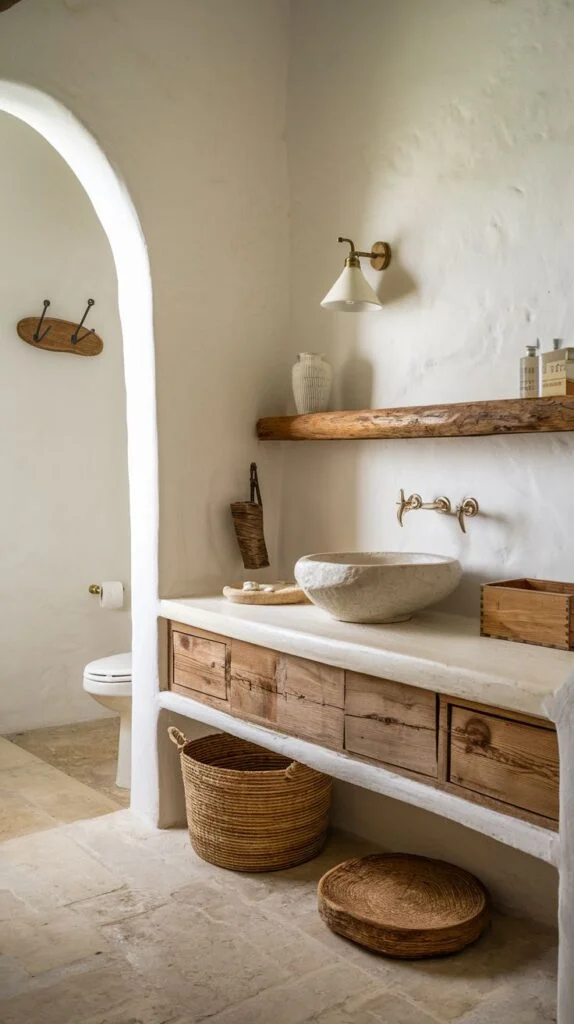 A bathroom featuring a rustic wooden vanity with a stone basin sink, a wooden shelf, and a woven basket, all within an arched entryway and textured white walls, giving a gentle and natural feel.