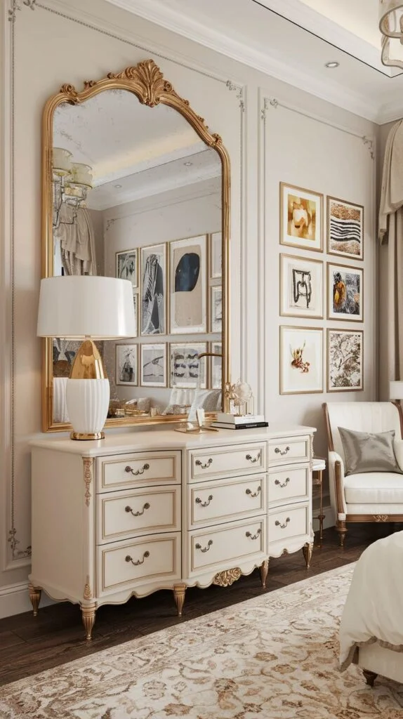 A chic, ornate gold-framed mirror stands above a large cream-colored dresser with gold accents and multiple drawers in a luxurious bedroom.