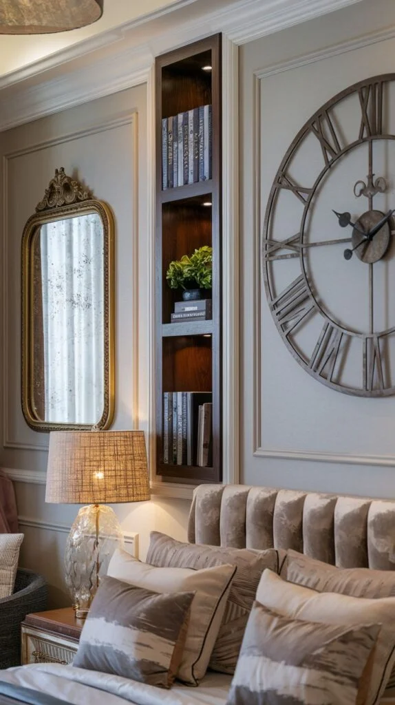 A chic bedroom scene featuring a large rustic clock with Roman numerals, a gold-framed mirror, and a built-in dark wooden bookshelf with decorative items and books.