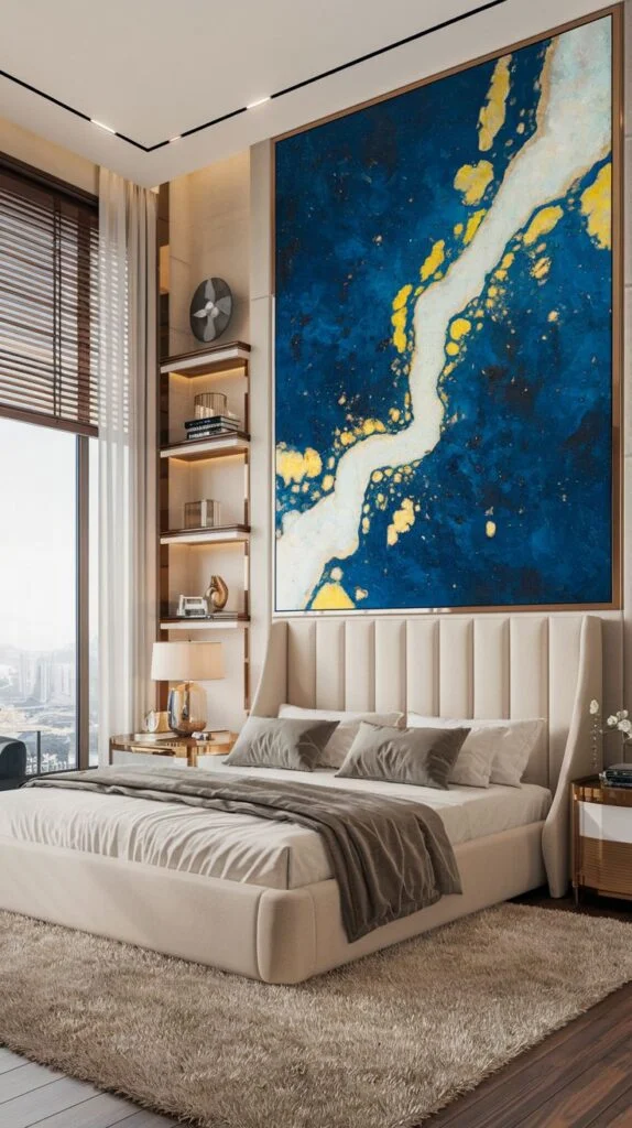 A chic bedroom with a large abstract painting in deep blue, white, and gold above a cream-colored upholstered bed, beside a tall window.