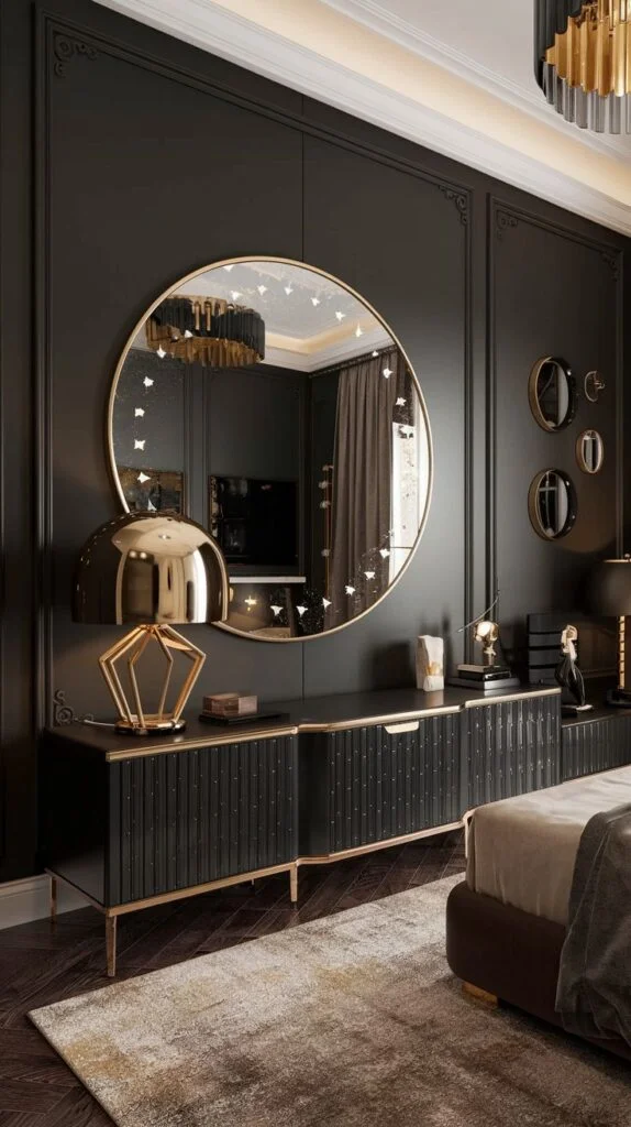 A chic and modern bedroom featuring a large round mirror with starry accents on a dark wall, above a long black dresser with gold details.