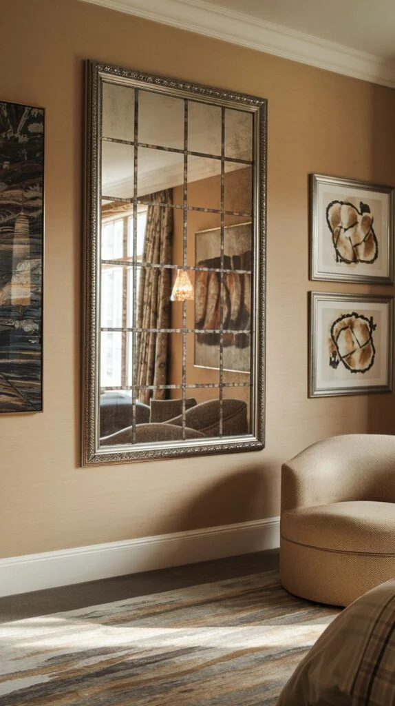 A chic room with a large, rectangular mirror featuring a grid pattern and an ornate frame, hanging on a beige wall, with a curved beige armchair in the foreground.