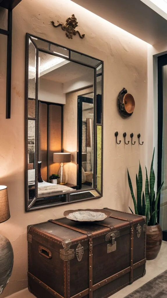 A chic entryway scene featuring a large rectangular mirror with a dark, textured frame above a vintage-style wooden trunk, with plants and wall hooks nearby.