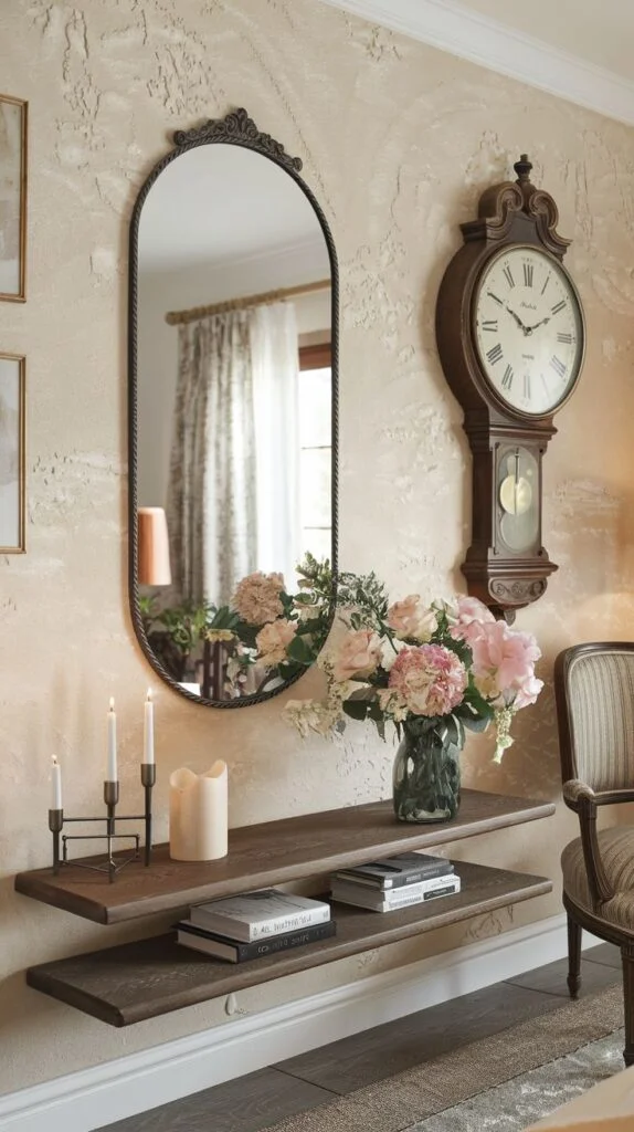 A chic living space with an oval-shaped mirror above two floating wooden shelves holding books, a candelabra, and a vase of pink flowers, alongside a large wooden wall clock.