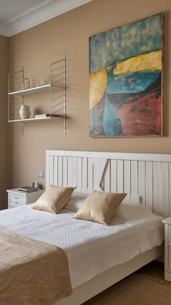 A chic and contemporary bedroom with a white slatted headboard, a large abstract painting in blue, yellow, and red, and a minimalist white metal shelving unit.