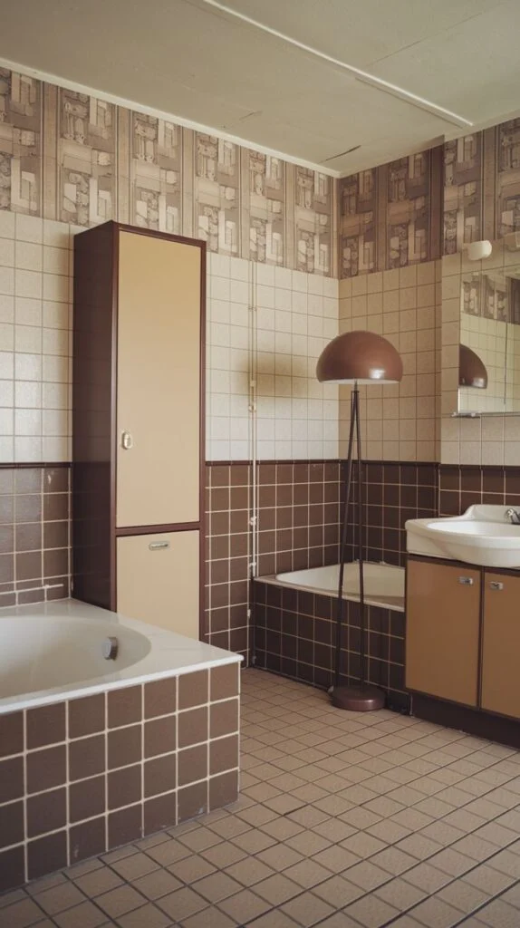 A radiant 80s bathroom with a distinctive checkerboard pattern of brown and beige square tiles on the walls and floor. A freestanding brown and beige cabinet stands next to the built-in bathtub, which is also tiled in brown. A tall, slender brown lamp with a large, round shade is prominently positioned near the sink and mirror, providing a unique radiant glow to the retro space.