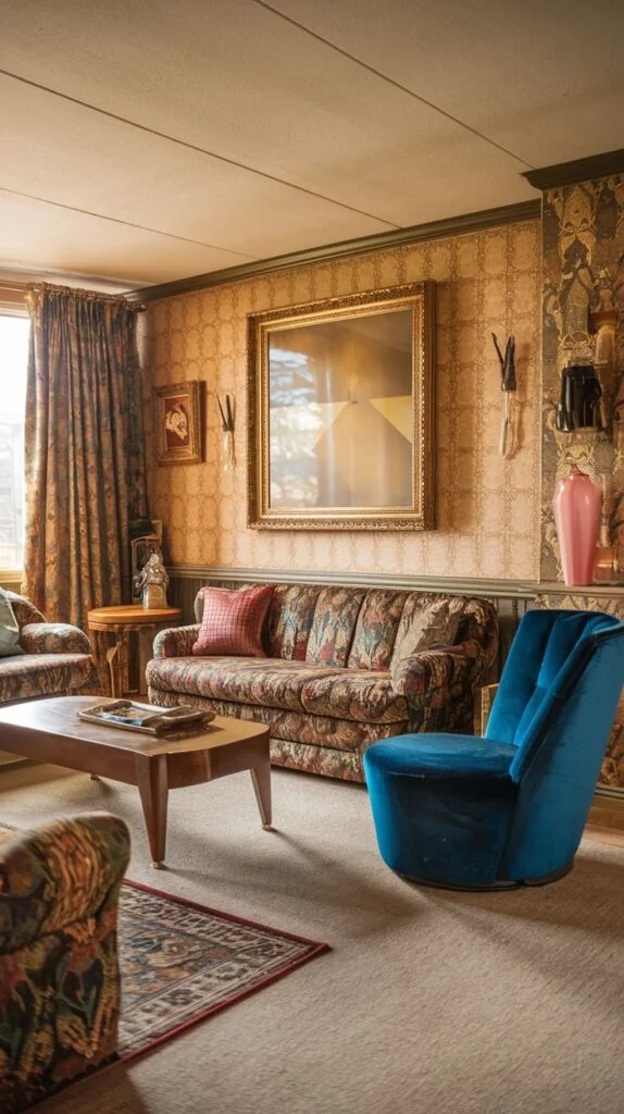A radiant 80s lounge area showcasing a bold, multi-patterned sofa with floral and abstract designs. A plush, radiant blue velvet armchair adds a vibrant pop of rich color and luxurious texture. The walls are adorned with ornate, patterned wallpaper, and a large, gold-framed mirror hangs prominently above the sofa, elevating the room's opulence and reflecting light.