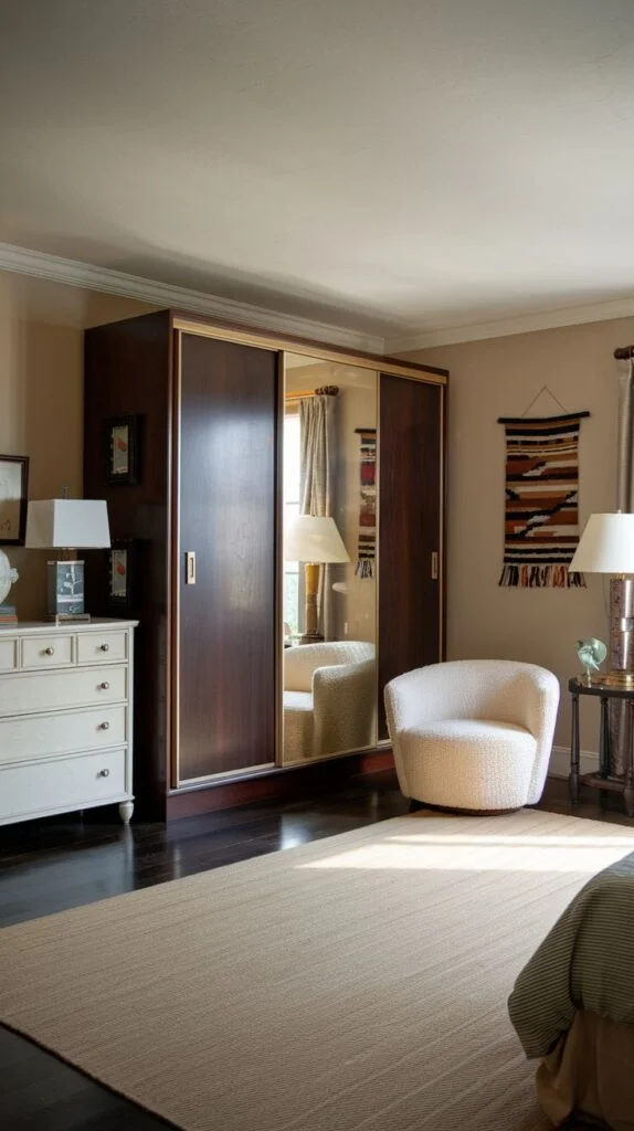 A radiant 80s bedroom featuring a large, dark wooden wardrobe with prominent mirrored sliding doors that visually expand the space and reflect light. A classic white dresser is positioned to the left, and a comfortable, cream-colored armchair sits on a light beige rug, creating a cozy reading nook or relaxation spot within the room. A textured wall hanging adds a touch of bohemian flair.