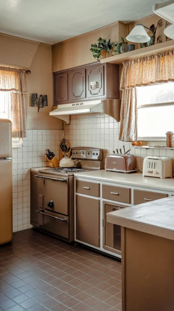 An 80s kitchen with a warm, inviting feel, incorporating brown cabinetry and appliances, including a vintage-style brown range and a light yellow refrigerator. Light-colored countertops provide a visual break and bright contrast. A checkered pattern of brown floor tiles completes the radiant retro look, evoking a nostalgic charm.