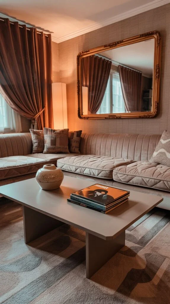 A radiant 80s living room with a comfortable, light beige sectional sofa featuring distinct tufting, creating an inviting seating area. A simple, rectangular beige coffee table sits in front of it, ideal for displaying decorative items and books. A large, ornate gold-framed mirror hangs opposite the seating, enhancing the room's grandeur and making it feel more expansive and radiant.