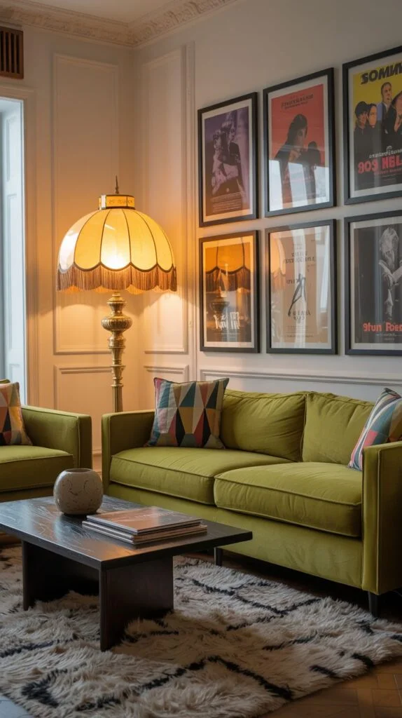 A radiant 80s living space that injects playful energy with a bold lime green sofa, offering a fresh and striking color statement. The room is illuminated by a tall, decorative floor lamp featuring a fringed shade. A curated gallery wall with an array of large, framed posters showcases personal style and interests, contributing to the radiant and artistic ambiance.