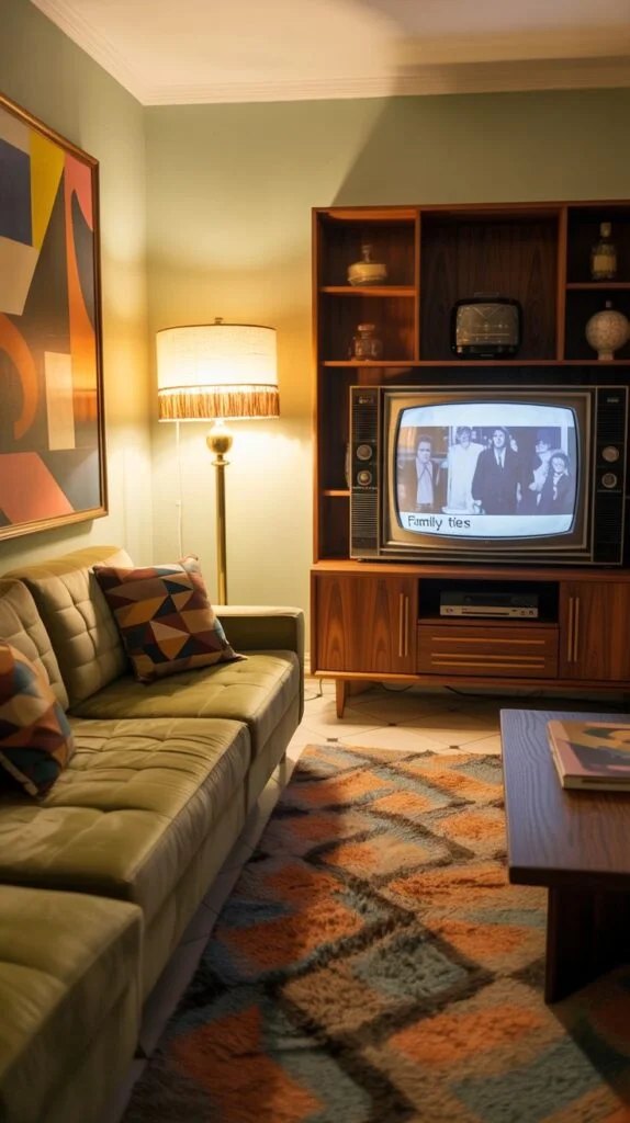 An 80s entertainment hub centered around a comfortable olive green sofa, perfect for lounging. A classic wooden shelving unit houses a vintage television set displaying "Family Ties", creating a dedicated radiant retro entertainment zone. A geometrically patterned rug in warm, complementary colors adds texture and defines the seating area, enhancing the room's charm.