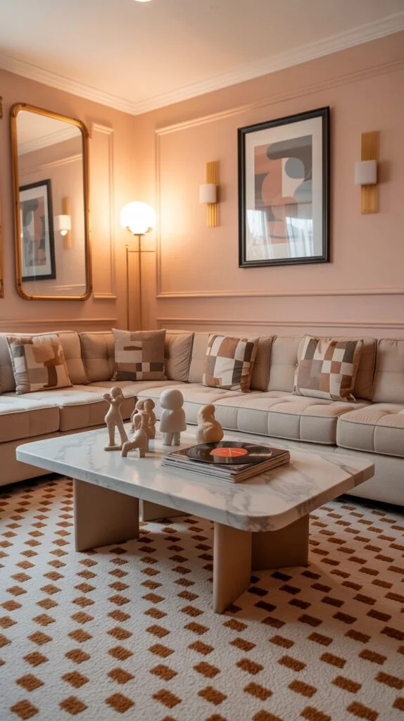 A radiant 80s living room designed with modern elegance, featuring a light beige sectional sofa emphasizing clean lines and comfort. A sophisticated white marble-topped coffee table serves as a chic centerpiece. A light-colored rug with a repeating geometric pattern in warm tones brings a subtle yet striking design element to the floor, contributing to the radiant and contemporary aesthetic.