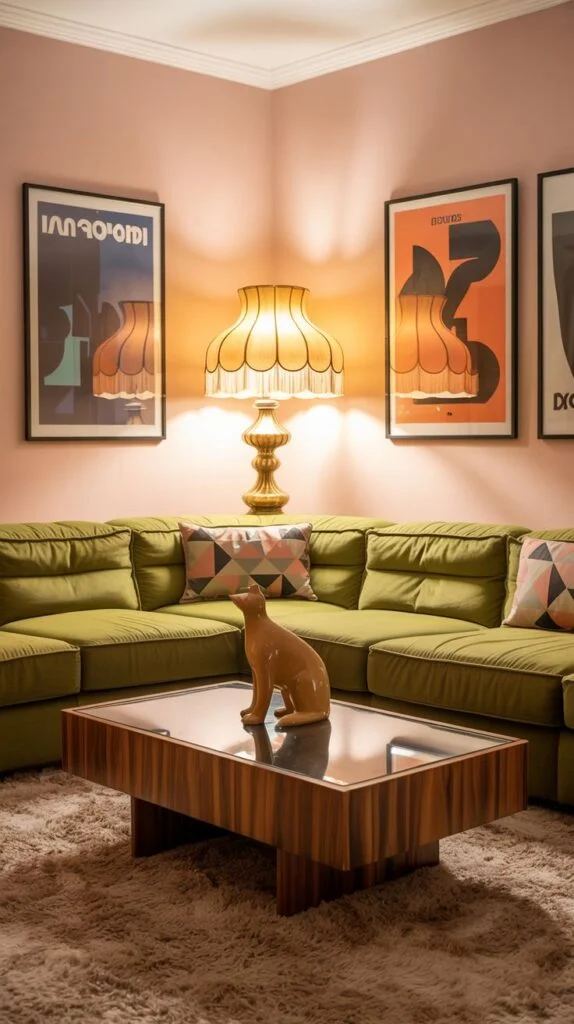 A radiant 80s cozy corner retreat maximizing comfort and seating with a large, L-shaped green sectional sofa. A substantial wooden coffee table with a glass top sits in the center, adorned with a decorative ceramic dog. The pink walls are adorned with modern, framed artworks, adding visual interest and a touch of artistic expression to the radiant space.
