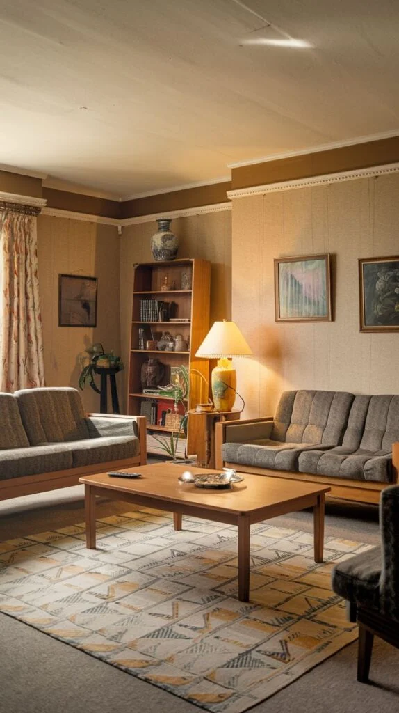A radiant 80s living room furnished with two comfortable sofas featuring wooden frames, offering ample seating and a natural aesthetic. A rectangular wooden coffee table is positioned in the middle for convenience. The walls are decorated with a mix of framed artworks and a wooden bookshelf, creating an eclectic and personal gallery in this radiant setting.