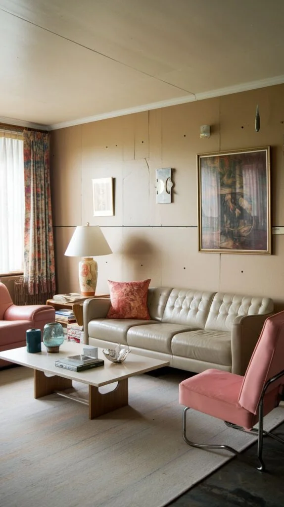 A radiant 80s living room showcasing soft hues and contemporary touches. A light, tufted leather sofa offers a classic and comfortable seating option. Two vibrant pink armchairs are introduced to add a playful and modern contrast. The walls are subtly decorated with a large framed artwork, elevating the room's sophistication and radiant visual appeal.