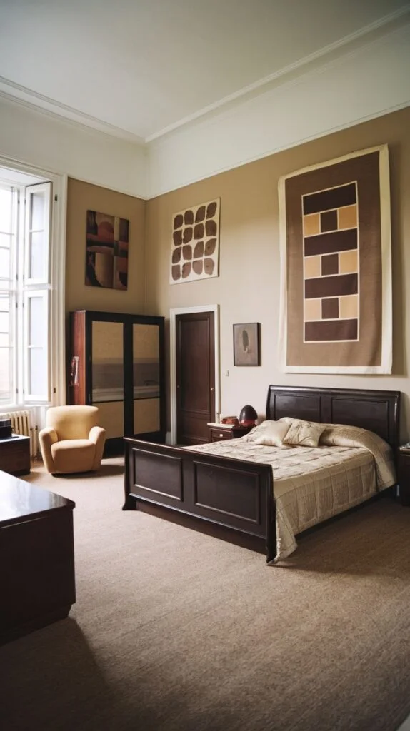 A radiant 80s minimalist bedroom designed for serenity, with a prominent dark wooden bed frame as the focal point. A simple, light-colored armchair provides a quiet reading or relaxation spot. The walls are enhanced with large, abstract wall hangings or art pieces in earthy tones, introducing color and visual texture without overwhelming the serene and radiant space.