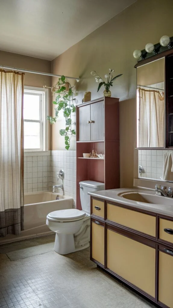 A radiant 80s nature-inspired bathroom refresh featuring a vanity with beige and dark brown tones, providing ample storage and countertop space. Light-colored tiles are installed in the shower area for a clean and bright look. Hanging plants are introduced to add a natural, refreshing element and a pop of color to the room, enhancing its radiant feel.
