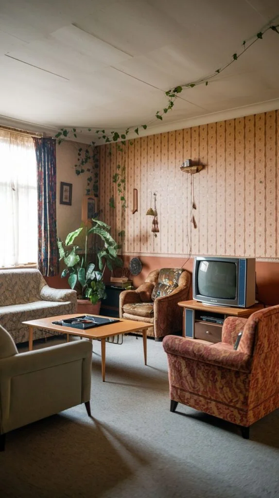 A radiant 80s living room with a relaxed, bohemian atmosphere created by an assortment of patterned armchairs for diverse seating. A vintage television set is incorporated, adding nostalgic charm and a focal point for entertainment. Climbing plants drape along the walls, bringing natural elements and a touch of greenery, enhancing the radiant and inviting ambiance.