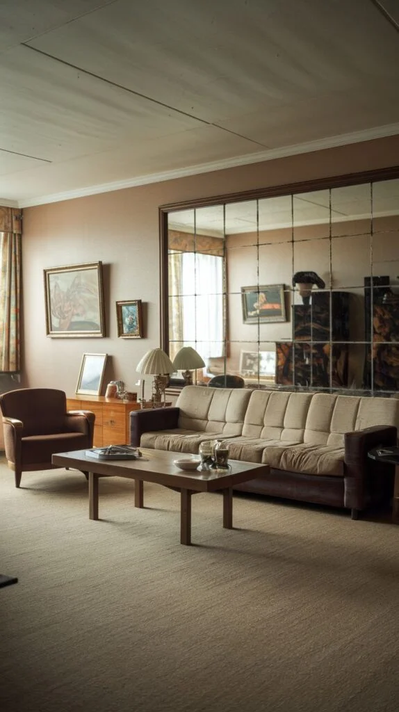 A radiant 80s grand living space creating an illusion of vastness by installing a large, sectional mirrored wall. A long, comfortable beige and brown sectional sofa is positioned in front of it to define the seating area. Traditional furniture pieces, including a classic wooden coffee table and a brown upholstered armchair, add warmth and a timeless feel to this radiant room.