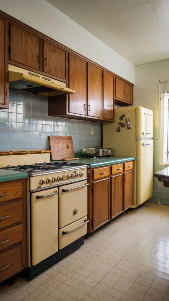 A radiant 80s cheerful yellow and wood kitchen. It brightens the space with a combination of warm wooden cabinets and light blue backsplash tiles for a harmonious color palette. Vintage-style yellow appliances, such as a refrigerator and stove, are integrated to add a cheerful and retro touch to the radiant space.