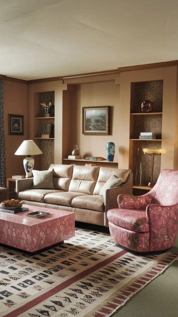 A radiant 80s living room with organized comfort and stylish built-in displays. A cozy beige sofa is complemented by a vibrant pink swivel armchair with a floral pattern, adding modern flair and versatile seating. Built-in shelving units on the walls are utilized to display decorative items, books, and artworks, creating an organized and aesthetically pleasing, radiant arrangement.