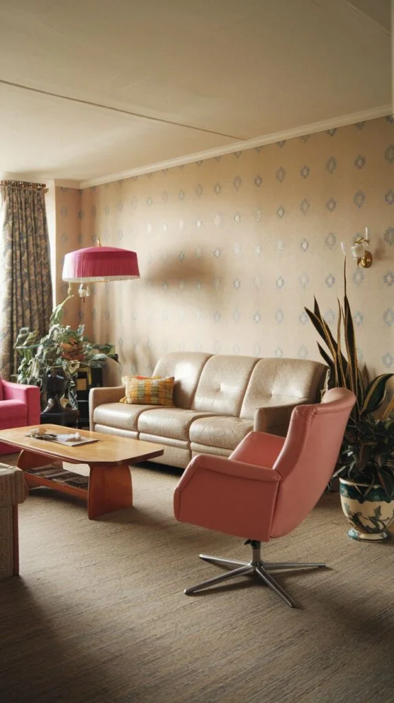 A radiant 80s room introducing playful pink accents. A soft, inviting light leather sofa serves as the main seating piece. A dynamic pink swivel armchair brings a burst of color and a modern silhouette. The walls are adorned with subtle, patterned wallpaper, and a large pink fringed lamp hangs overhead, completing a truly radiant 80s look.