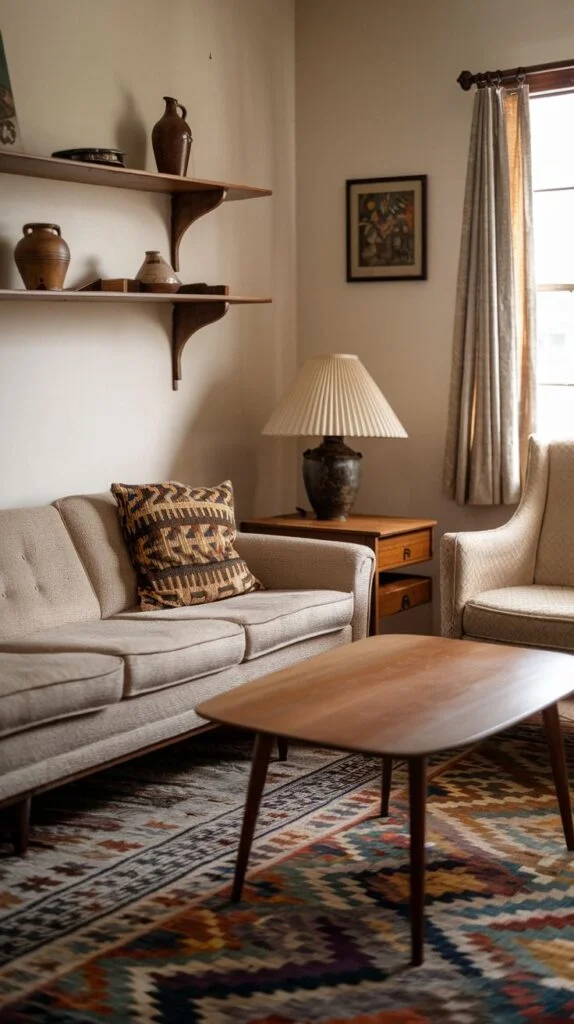 A radiant 80s living room designed for serene simplicity with global accents. A light-colored sofa is complemented by a matching armchair. Simple wooden shelves on the wall display curated decorative objects and pottery. A patterned rug with rich, earthy tones is laid down to add a global-inspired touch and define the seating area, contributing to the room's radiant tranquility.