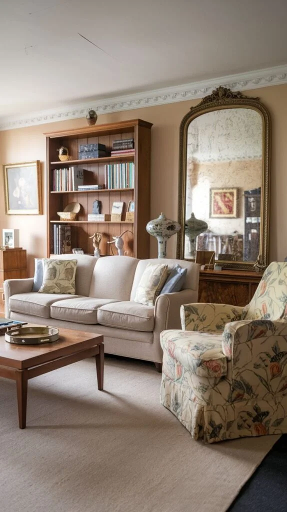 A radiant 80s elegant living room featuring a comfortable, light-colored sofa and a floral-patterned armchair. A grand, ornate mirror hangs prominently, creating a focal point and enhancing the room's perceived size and brightness, making it truly radiant. A wooden bookshelf filled with books and personal mementos evokes a classic, library-like ambiance.