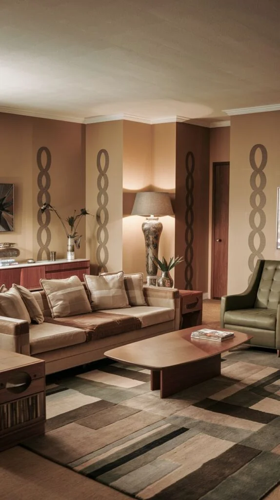 A radiant 80s living space designed with a cohesive color palette and geometric patterns. A beige sofa blends seamlessly with the wall color. The walls are adorned with a repeating chain-link geometric pattern in dark brown, adding subtle visual interest and depth. A multi-toned rug with stripes or blocks of color anchors the room and ties the design elements together, creating a harmonious and radiant space.