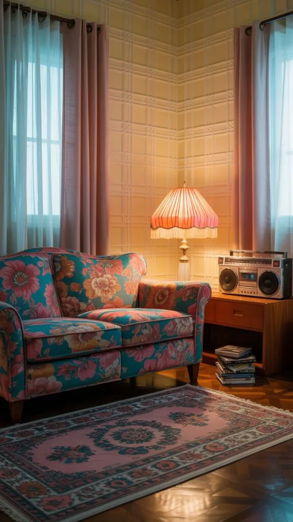 A radiant 80s living room making a bold statement with a vibrant floral-patterned sofa in blue and pink tones, serving as the room's central highlight. A traditional pink patterned rug in coordinating colors adds softness and warmth. A vintage boombox is featured as a decorative and functional accessory, completing the radiant retro vibe.