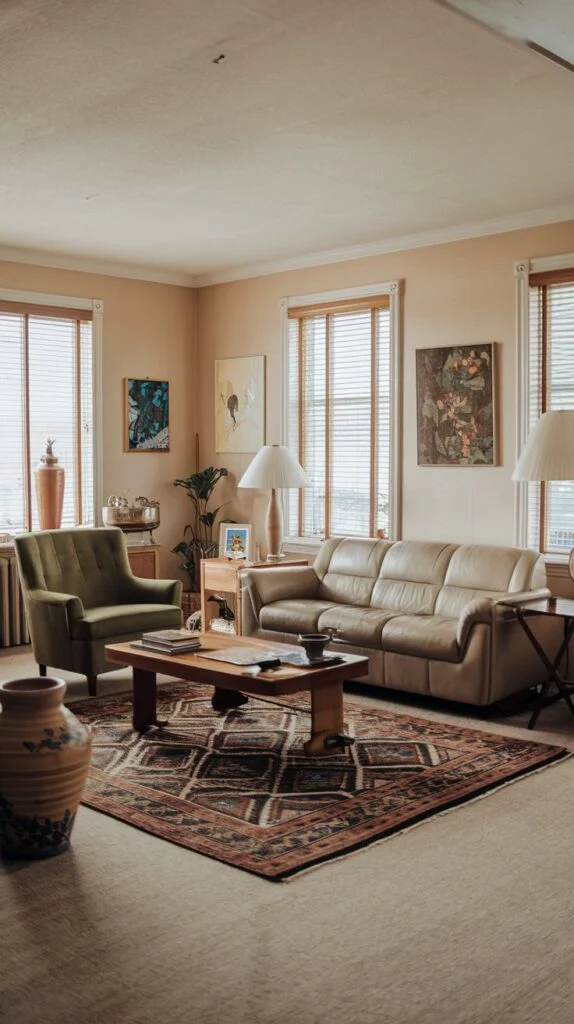 A radiant 80s living room exuding sophisticated comfort with a sleek, light leather sofa for a blend of comfort and modern style. A contrasting olive green armchair is introduced to add a pop of color and an additional seating option. A large, intricately patterned rug anchors the furniture and brings warmth and texture to the floor, enhancing the overall radiant and inviting ambiance.