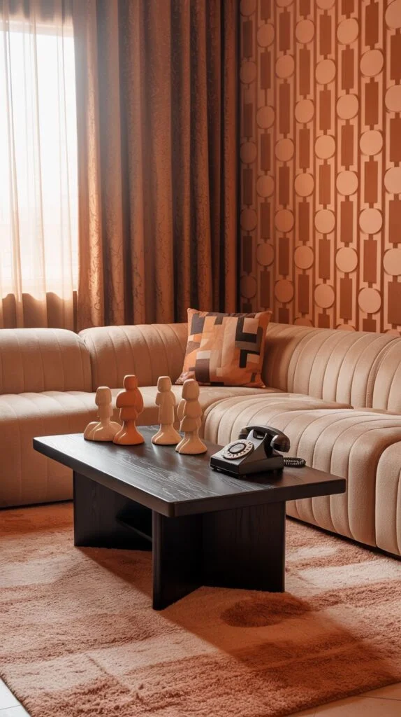A radiant 80s living room designed with warm hues and classic communication. A cozy, light beige sectional sofa offers ample seating. A dark wooden coffee table sits in the center, adorned with sculptural figures and a classic black rotary phone, adding a charming nod to the past and a unique decorative piece to the radiant setting. The walls feature a patterned wallpaper.
